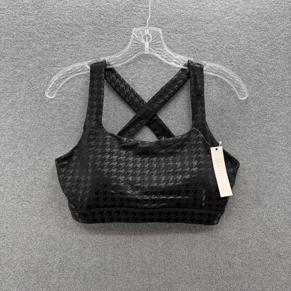 Senita Athletics Sports Bra Women Medium Black Houndstooth Crossback Workout Run